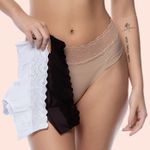 KIT CALCINHA MICROFIBRA FIO DUPLO CÓS EM RENDA - COM 03 PEÇAS - PRETO/BRAN/CHOC