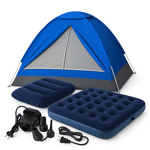 Kit Camping Barraca Azul 4 Pessoas + Colchão Casal Inflável + 2 Travesseiros Infláveis + Inflador Elétrico Ômega
