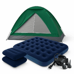 Kit Camping Barraca Verde 4 Pessoas + Colchão Casal Inflável + 2 Travesseiros + Inflador Elétrico Ômega