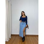 Saia Midi Jeans Fenda Arredondada