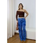 Calça Wide Leg Jeans Cargo Bolso Frontal