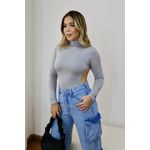 Body Feminino Manga Longa Costas Nua Cinza