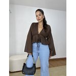 Blusa Bata Amarração Manga Ampla Marrom
