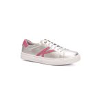 Tênis Feminino Calprado Prata em Couro Com Detalhes Rosa