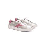 Tênis Feminino Calprado Prata em Couro Com Detalhes Rosa