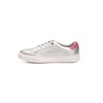 Tênis Feminino Calprado Prata em Couro Com Detalhes Rosa