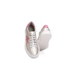 Tênis Feminino Calprado Prata em Couro Com Detalhes Rosa