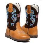 BOTA FEMININA INFANTIL TEXANA LÁTEGO WHISKY NOBUCK CAFÉ BORDADO AZUL E ROSA