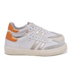 Tênis Feminino Eloah em Couro Branco e Detalhes Laranja/Gold
