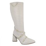 Bota Feminina Cano Longo Salto Triângulo Croco Off White com Hotfix 23019