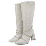 Bota Feminina Cano Longo Salto Triângulo Croco Off White com Hotfix 23019