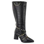 Bota Feminina Cano Longo Salto Triângulo Croco Preto 23019 