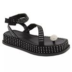 Papete Feminina Flat Plataforma em Napa Preto com Strass 183220