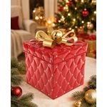 Jogo 2 Cx De Presente Decorativa Vermelha Laço Dourado Natal
