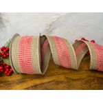 Fita Natalina 6,3cm Natural com Xadrez Vermelho 9,14m