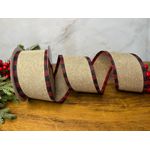 Fita Natalina Aramada 6,3cm Natural Com Borda Xadrez 9,14m