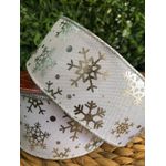 Fita Natalina Aramada 6,3cm Floco de Neve Branca 9,14m