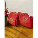 Fita Natalina Vermelha Floco de Neve Dourado 6,3CMX9,14m