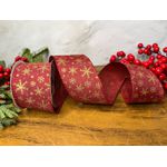 Fita Natalina 6,3cm Vermelha Floco De Neve Dourado 9,14m