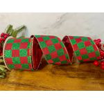 Fita Natalina Aramada 6,3cm Vermelho Quadrados Verde Brilho 9,14m