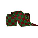 Fita Natalina Aramada 6,3cm Vermelho Quadrados Verde Brilho 9,14m