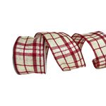 Fita Natalina Aramada 6,3cm Xadrez Vermelho e Bege 9,14m