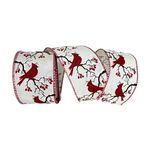 Fita Natalina Aramada 6,3cm Off com Pássaro Cardeal Vermelho 9,14mt