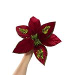 Flor Natalina Poinsetia Vermelho com Verde Lantejoula Brilho