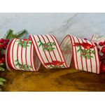Fita Natalina Aramada 6,3cm Listra Pássaro Vermelho 9,14m