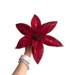 Flor Natalina Poinsetia 26cm Vermelha Veludo Com Lantejoula