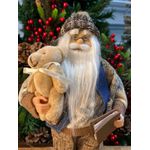 Papai Noel Em Pé Marrom Azul Com Ursinho E Livro 30cm