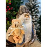 Papai Noel Em Pé Marrom Azul Com Ursinho E Livro 30cm