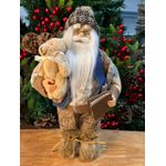 Papai Noel Em Pé Marrom Azul Com Ursinho E Livro 30cm
