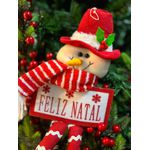 Boneco De Neve Sentado Vermelho e Branco Placa Feliz Natal