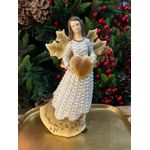Anjo Em Resina Coração Branco E Bege Decoração Natal 23cm