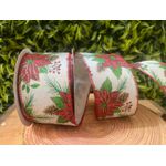 Fita Natalina Aramada Veludo 6,3cm Poinsetia Vermelha 9,14m