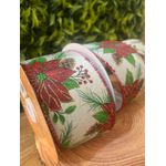 Fita Natalina Aramada Veludo 6,3cm Poinsetia Vermelha 9,14m