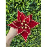 Flor De Natal Veludo Vermelho Dourado Com Brilho