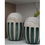 Vaso Decorativo Cerâmica Branco E Listras Verde E Off 26cm