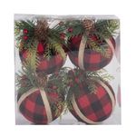 Jogo 4 Bolas Enfeite Árvore Natal Vermelha Xadrez Preto 8cm