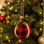 Jogo 4 Bolas Enfeite Árvore Natal Vermelha Xadrez Preto 8cm