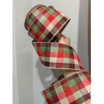 Fita Natalina Aramada 6,3cm Xadrez Vermelho Com Verde E Bege 9,14m