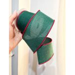 Fita Natalina Aramada Verde 6,3cm Costura Vermelho Linho 9,14m