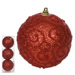 Jogo 3 Bolas Arabesco Glitter Vermelho 8cm Natal