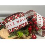 Fita Natalina Aramada 6,3cm Xadrez Feliz Natal 9,14m
