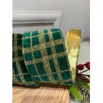 Fita Natalina Aramada 6,3cm Veludo Verde Com Dourado Glitter 9,14m