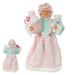 Mamãe Noel de Pijama em Pé Rosa e Verde 45cm com Ursinho