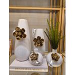 Vaso Decorativo Cerâmica Branco com Flor Dourada 12,5cm 13,5d