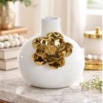 Vaso Decorativo Cerâmica Branco com Flor Dourada 12,5cm 13,5d