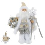 Papai Noel Em Pé Guirlanda e Floco de Neve Prata e Bege 30cm